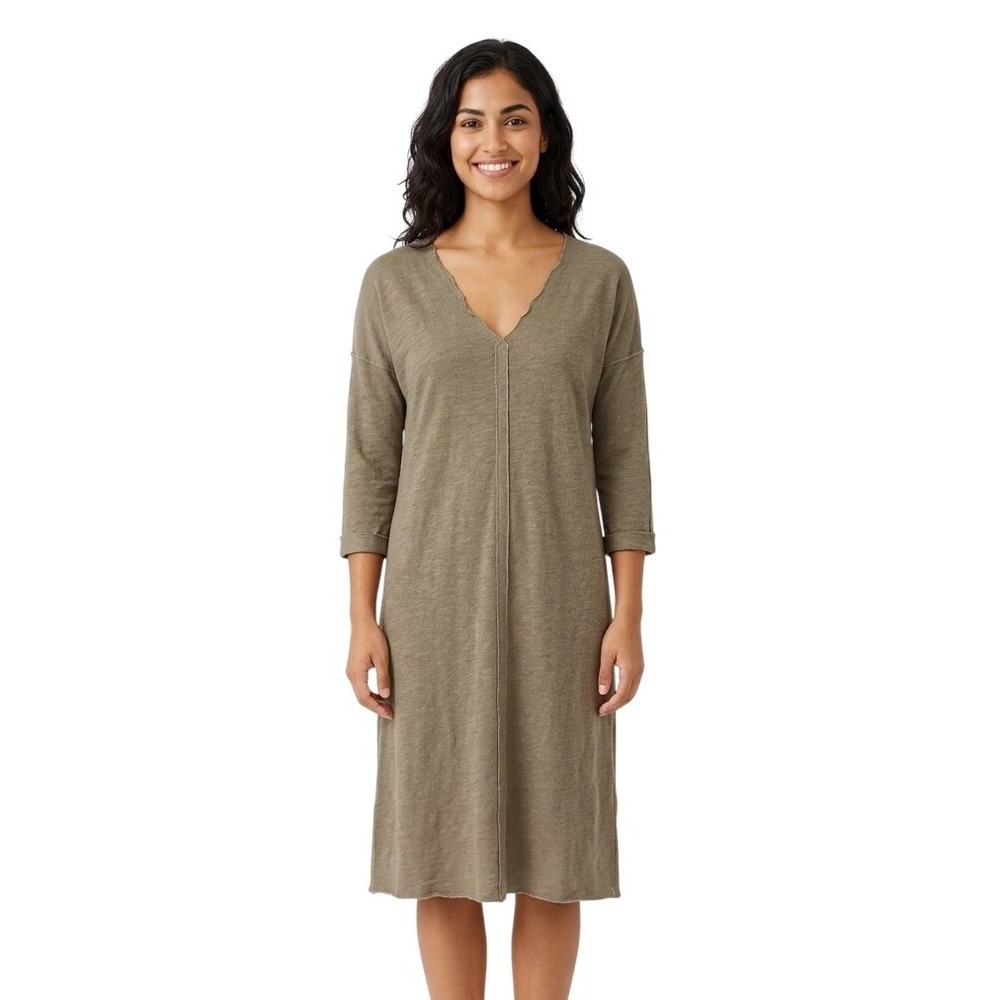 Nuthatch Dress Women's Size Medium Brown Olive Knit V-Neck Raw Hem Tunic